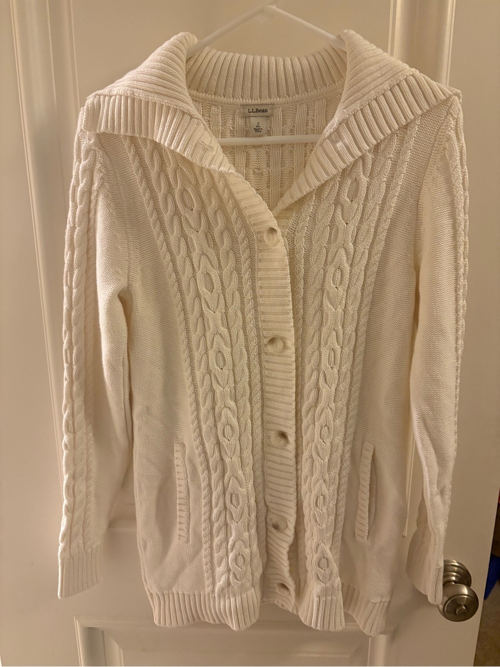 L.L. Bean White Cable-Knit Button Cardigan Sweater